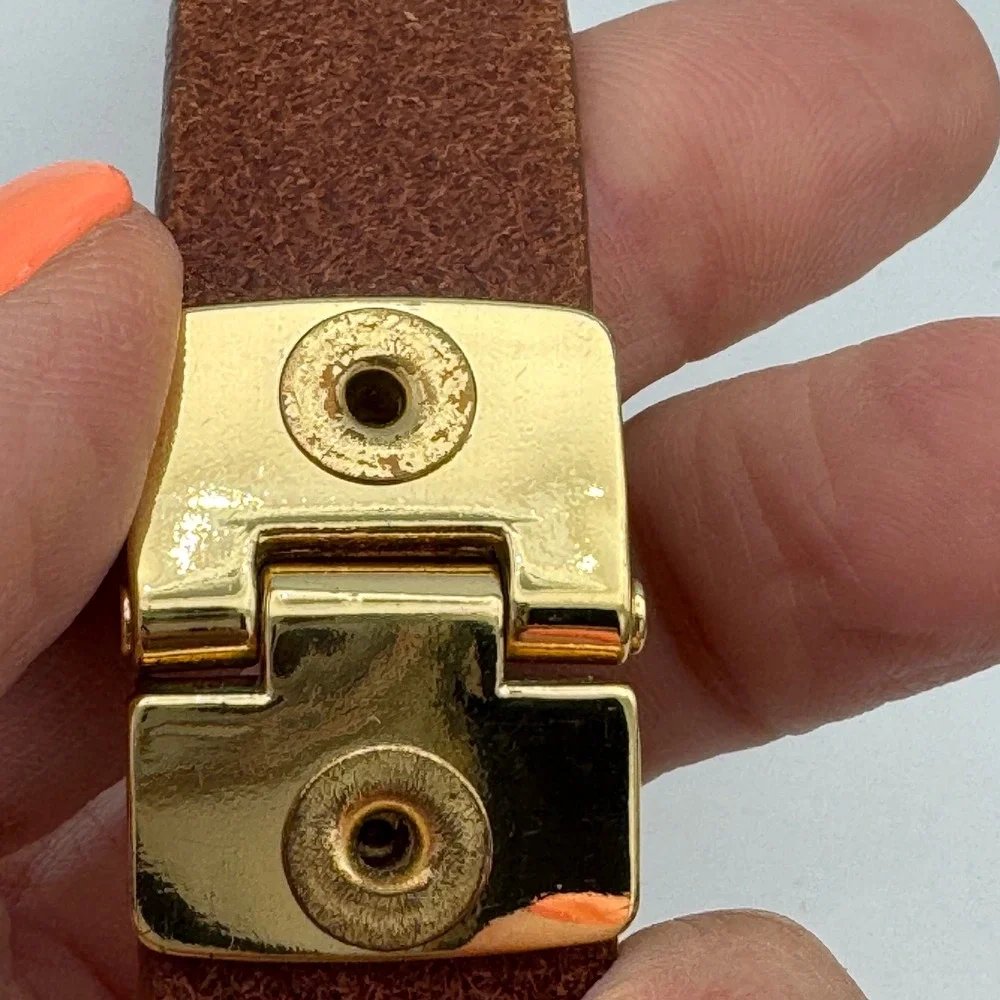 Linea Pelle Leather Belt Cognac Brown Gold Tone Hinge Accents Womens 32